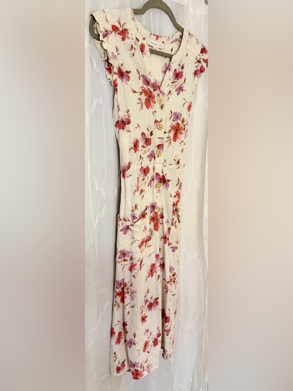 Monteau Cream Floral Midi Dress Medium Cottagecore Button Front Dress - Picture 5 of 16